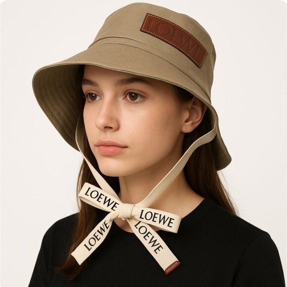 Loewe Fisherman Hat Bucket sand Beige womens Size 57 logo ribbon ties - Picture 1 of 13